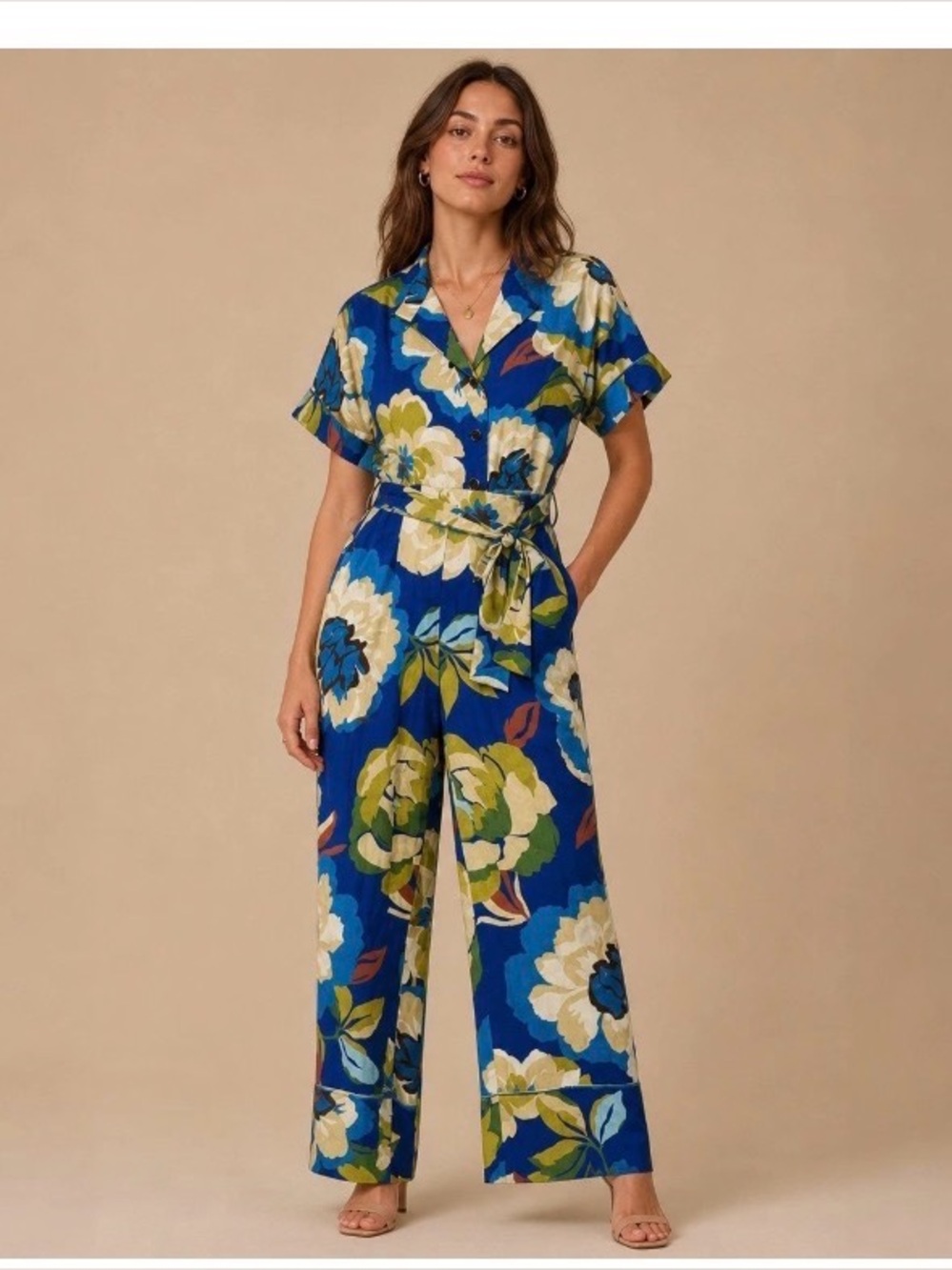 Zara Bold Floral Wide-Leg Jumpsuit in Blue, Green and Cream